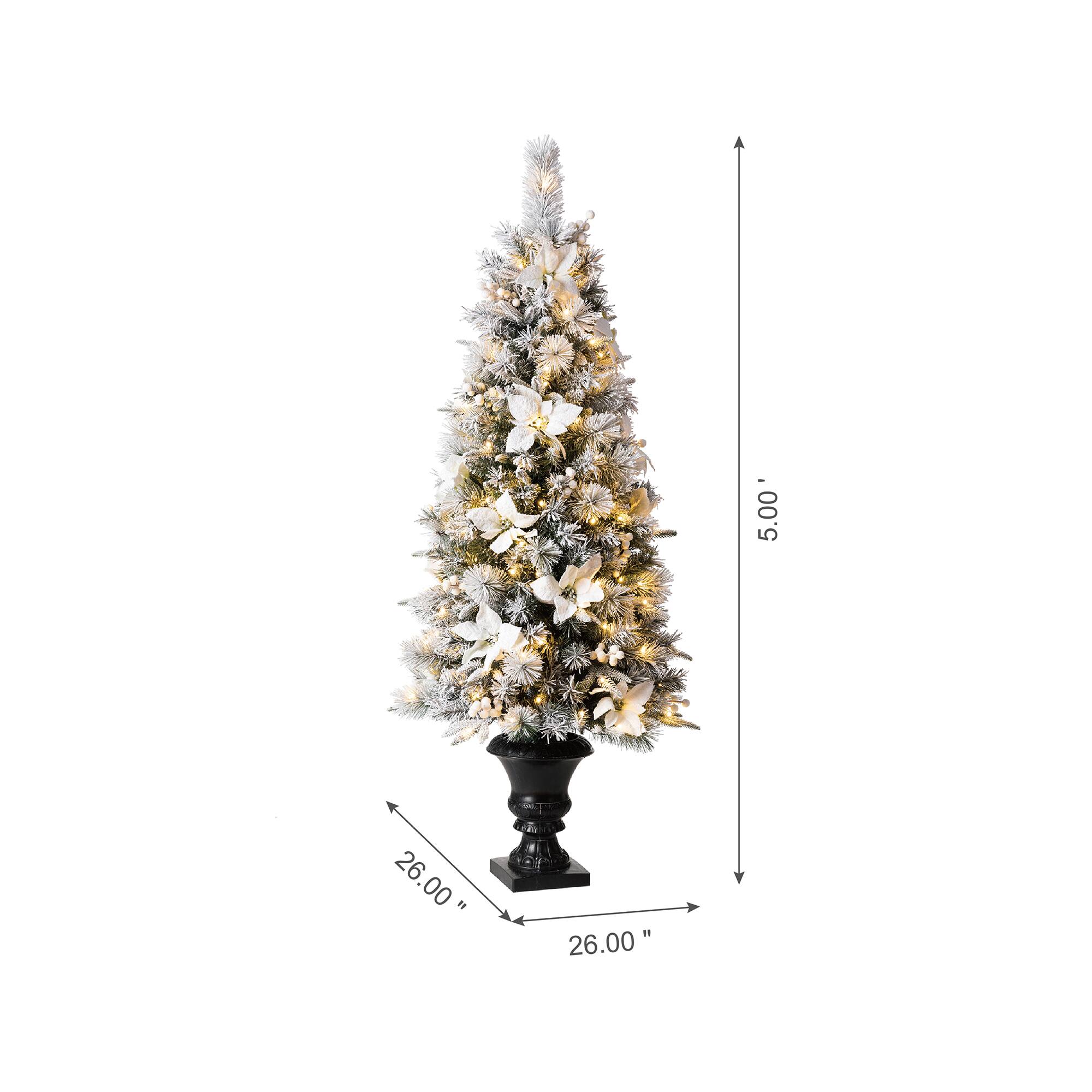 5ft. Pre-Lit Flocked Pine Artificial Christmas Tree in Planter, Warm White LED Lights
